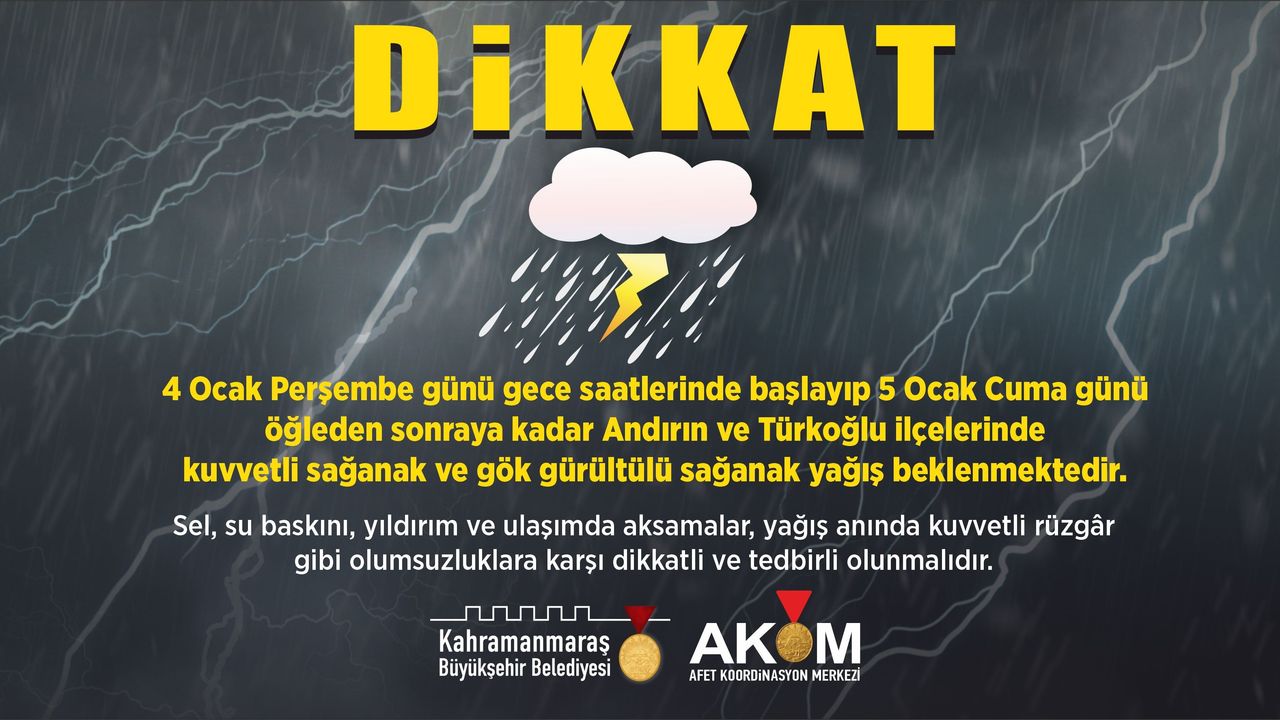 Andırın ve Türkoğlu’nda Sağanak Yağış Uyarısı!